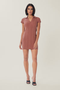 Cam is wearing a size S Mini Rib Polo Dress in color Cinnamon by LITA, view 10