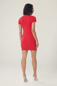 Cam is wearing a size S Mini Rib Polo Dress in color Cherry Tomato by LITA, view 4
