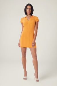 Cam is wearing a size S Mini Rib Polo Dress in color Pop Orange by LITA, view 15