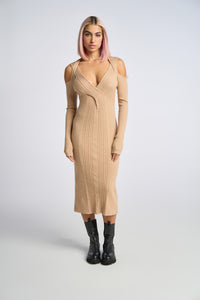 Cam is wearing a size XS Cable Strapped Dress in Merino Wool in color Doe by LITA, view 11