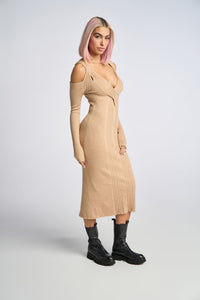 Cam is wearing a size XS Cable Strapped Dress in Merino Wool in color Doe by LITA, view 12