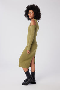 Imoni is wearing a size S Cable Strapped Dress in Merino Wool in color Olive by LITA, view 3