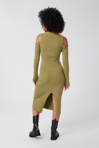 Imoni is wearing a size S Cable Strapped Dress in Merino Wool in color Olive by LITA, view 4