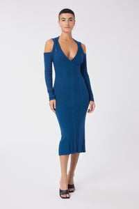 Maya is wearing a size S Cable Strapped Dress in Merino Wool in color Deep Teal by LITA, view 6