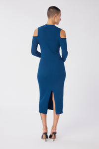 Maya is wearing a size S Cable Strapped Dress in Merino Wool in color Deep Teal by LITA, view 9