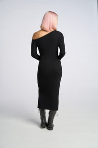 Cam is wearing a size XS Asymmetrical Long Sleeve Sheath Dress in color Black by LITA, view 4
