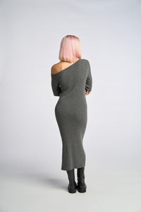Cam is wearing a size XS Asymmetrical Long Sleeve Sheath Dress in color Frost Grey by LITA, view 9