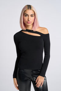 Cam is wearing a size XS Peek Shoulder Sweater in Viscose in color Black by LITA, view 6