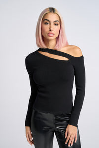 Cam is wearing a size XS Peek Shoulder Sweater in Viscose in color Black by LITA, view 7