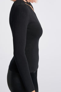 Cam is wearing a size XS Peek Shoulder Sweater in Viscose in color Black by LITA, view 9