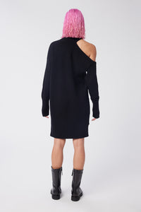 Cam is wearing a size XS Cold Shoulder Mock Neck Sweater Tunic in Cotton and Cashmere in color Black by LITA, view 4