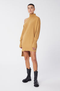 Maya is wearing a size S Cold Shoulder Mock Neck Sweater Tunic in Cotton and Cashmere in color Doe by LITA, view 7