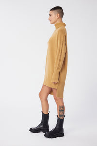 Maya is wearing a size S Cold Shoulder Mock Neck Sweater Tunic in Cotton and Cashmere in color Doe by LITA, view 9