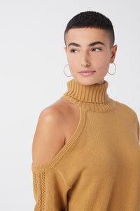 Maya is wearing a size S Cold Shoulder Mock Neck Sweater Tunic in Cotton and Cashmere in color Doe by LITA, view 11