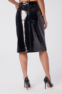 Model is wearing a size 4 Double Zip Skirt in Glazed Leather in color Black by LITA, view 4