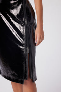 Model is wearing a size 4 Double Zip Skirt in Glazed Leather in color Black by LITA, view 5