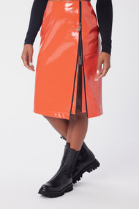 Model is wearing a size 4 Double Zip Skirt in Glazed Leather in color Fiesta by LITA, view 7