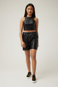 Wide Leg Short in Leather in color Black by LITA, view 2