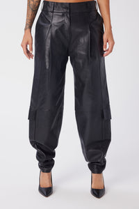 Model is wearing a size 4 Balloon Pants in Leather in color Black by LITA, view 2