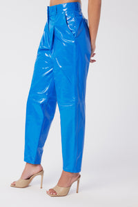 Model is wearing a size 24 Peg Trouser in Glazed Leather in color Princess Blue by LITA, view 4
