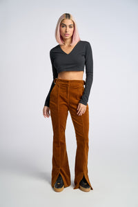 Cam is wearing a size 0 Flared Leg Pant in Corduroy in color Doe by LITA, view 1