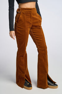 Cam is wearing a size 0 Flared Leg Pant in Corduroy in color Doe by LITA, view 3