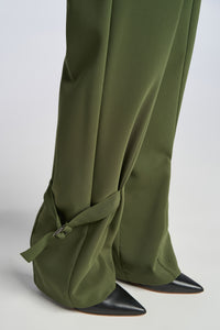 Model is wearing a size 2 Buckled Military Suit Pant in Crepe in color Olive by LITA, view 19