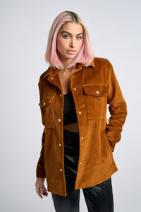 Cam is wearing a size XS Lover Shirt Jacket in Corduroy in color Doe by LITA, view 2