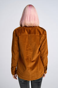 Cam is wearing a size XS Lover Shirt Jacket in Corduroy in color Doe by LITA, view 5