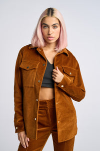 Cam is wearing a size XS Lover Shirt Jacket in Corduroy in color Doe by LITA, view 1