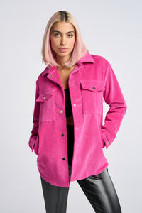 Cam is wearing a size XS Lover Shirt Jacket in Corduroy in color Pink by LITA, view 7