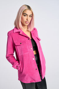 Cam is wearing a size XS Lover Shirt Jacket in Corduroy in color Pink by LITA, view 8