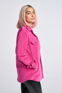 Cam is wearing a size XS Lover Shirt Jacket in Corduroy in color Pink by LITA, view 9