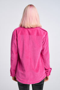 Cam is wearing a size XS Lover Shirt Jacket in Corduroy in color Pink by LITA, view 10