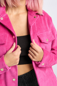 Cam is wearing a size XS Lover Shirt Jacket in Corduroy in color Pink by LITA, view 11