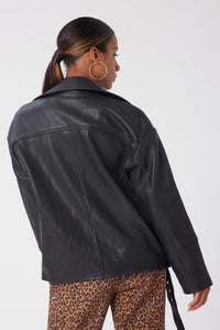 Aunjoli is wearing a size S Oversized Leather Biker Jacket in color Black by LITA, view 4