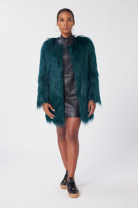 Aunjoli is wearing a size S The Shag Faux Fur Coat in color Deep Teal by LITA, view 6
