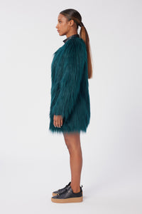 Aunjoli is wearing a size S The Shag Faux Fur Coat in color Deep Teal by LITA, view 8