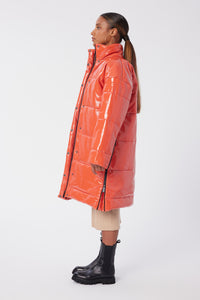 Aunjoli is wearing a size S Puffer Coat in Leather in color Fiesta by LITA, view 3