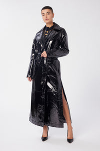 Maya is wearing a size S Trench Coat in Glazed Leather in color Black by LITA, view 1