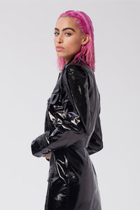 Cam is wearing a size S Cropped Utility Jacket in Glazed Leather in color Black by LITA, view 4