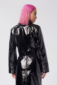 Cam is wearing a size S Cropped Utility Jacket in Glazed Leather in color Black by LITA, view 5
