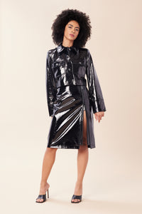 Imoni is wearing a size 4 Double Zip Skirt in Glazed Leather in color Black by LITA, view 6