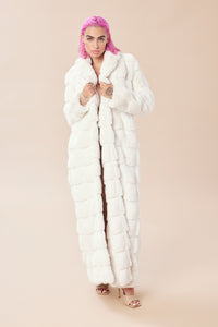 Cam is wearing a size S The Encore Coat in Faux Fur in color White by LITA, view 15